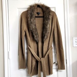 a.n.a. A New Approach faux fur beige cardigan with tie-belt